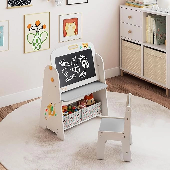 Set Tavolo e Sedia per Bambini, Lavagnetta Cancellabile Bambini con Sedia, Scaffale, 2 Contenitori in Tessuto, Gomma e Gessetti, Ideale per Disegno (Grigio)