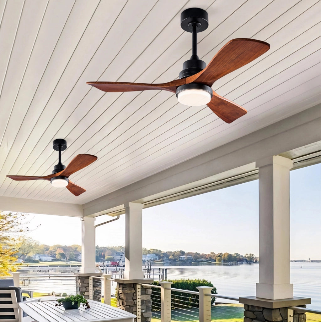 Ventilatore da soffitto con luce 42 pollici; motore DC reversibile; nero e noce scuro