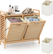 Cesto per la biancheria, 75 l, 2 scomparti, con 2 sacchetti per la biancheria rimovibili, 80 x 30 x 72 cm, in bambù, per lavanderia e bagno