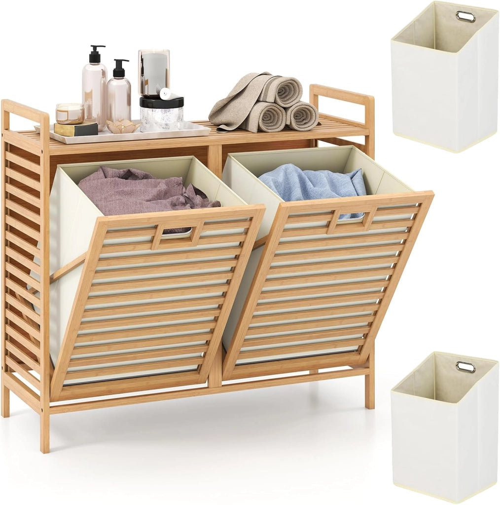 Cesto per la biancheria, 75 l, 2 scomparti, con 2 sacchetti per la biancheria rimovibili, 80 x 30 x 72 cm, in bambù, per lavanderia e bagno