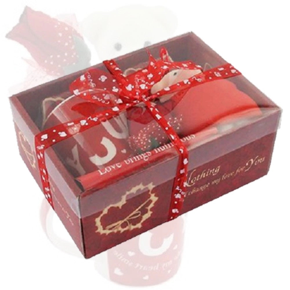 Trade Shop - Tazza Orsetto Bianco In Peluche Fiore Confezione Regalo Per San Valentino 63298 -