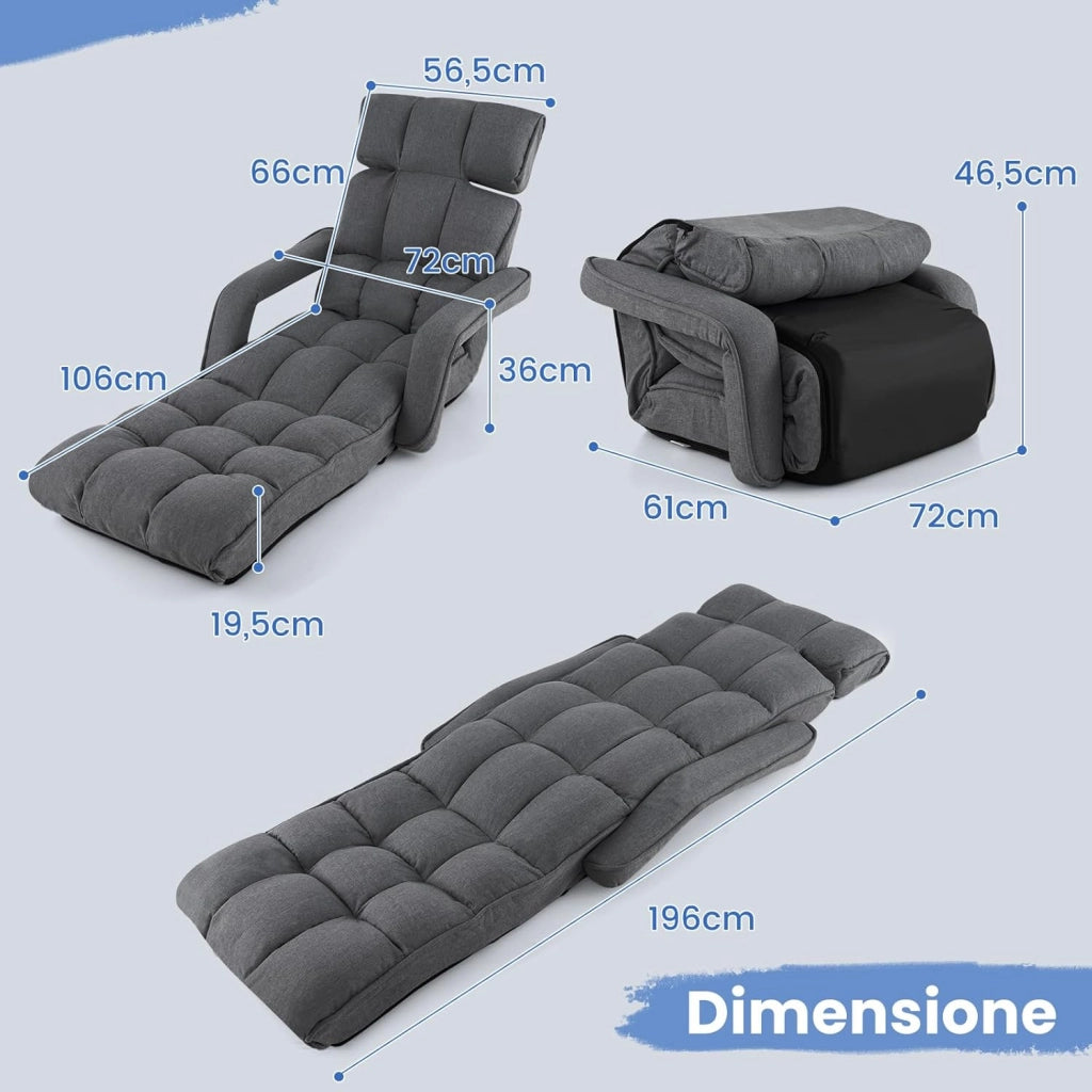 Poltrona Salotto da Terra, Sedie Pieghevoli Imbottita Chaise Longue Reclinabile in 5 Posizioni, con Regolabili Braccioli Schienale, per Yoga Relax Meditazione, 195x73x19 cm (Grigio scuro)