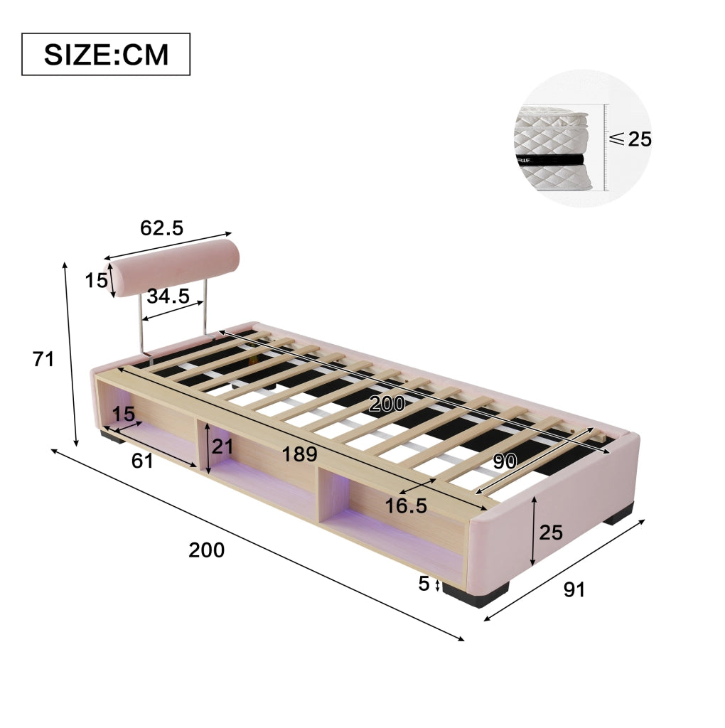 Letto imbottito per bambini rosa 90x200 cm con scaffale LED e spazio contenitore