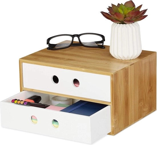Organizzatore per scrivania 2 cassetti in bambù e MDF - Dimensioni H x L x P 14 x 25 x 20 cm bianco