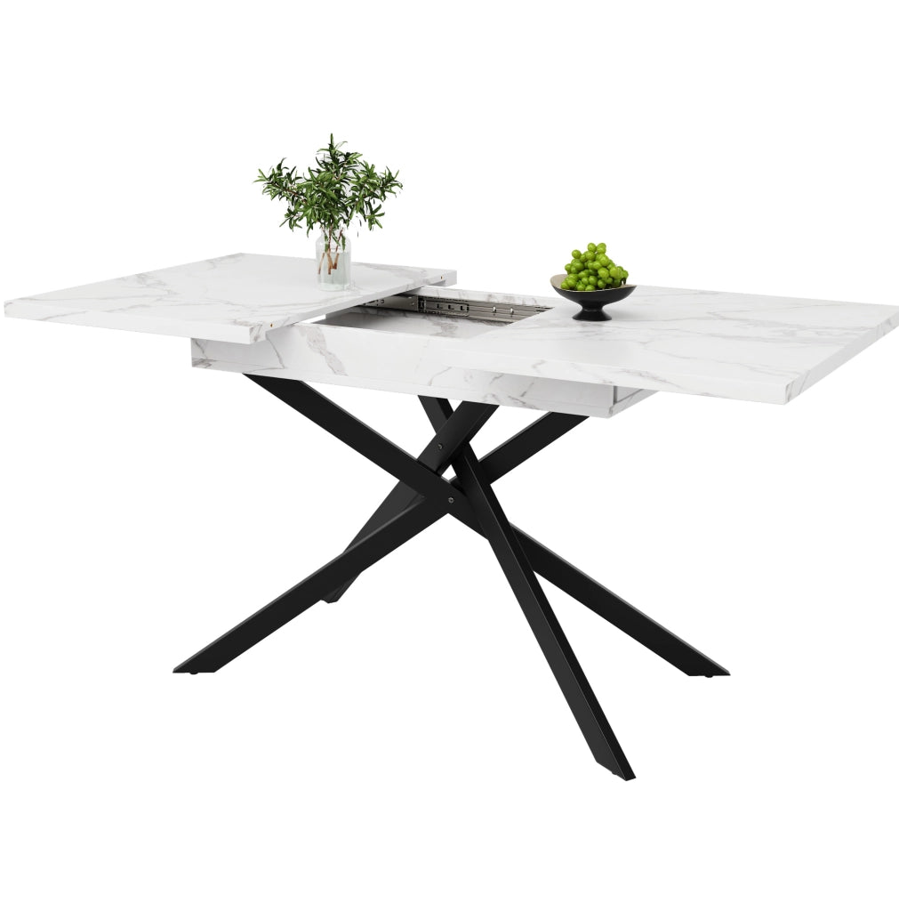 Tavolo da pranzo allungabile 120-160x80x76.5 cm; MDF effetto marmo; gambe in metallo nere