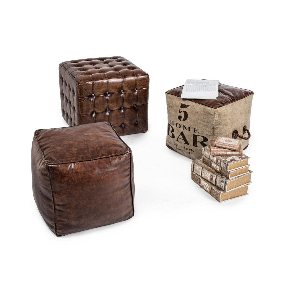 Pouf in Pelle Marrone Stile Industriale da Interno - WILLIAMS