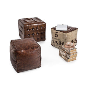 Pouf in Pelle Marrone Stile Industriale da Interno - WILLIAMS