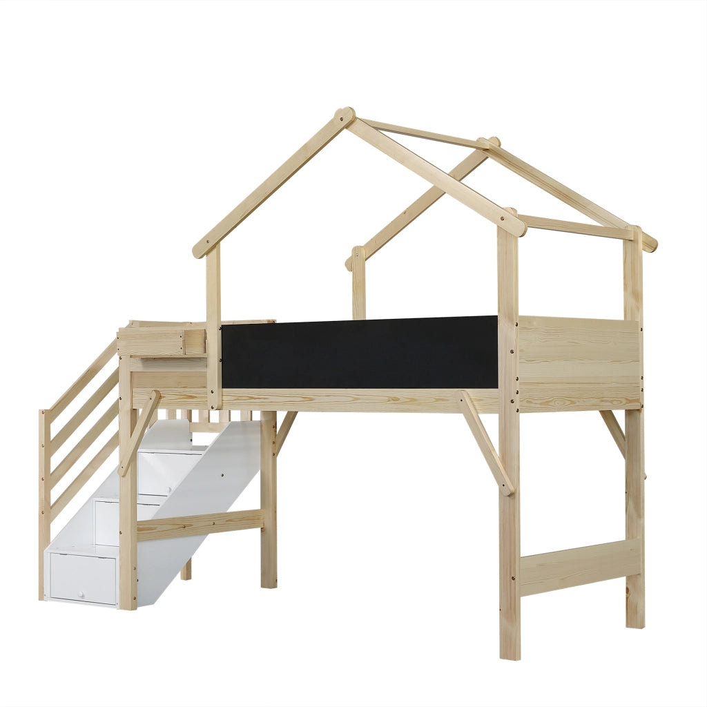DESMIU Letto a castello 1 posto con barriera, lavagna e 3 vani nella scala, 90 × 200 cm, senza materasso