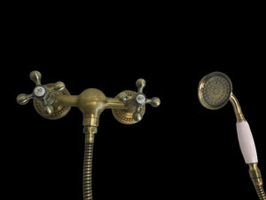 Rubinetto doccia bronzato, vecchio ottone maniglie a stella rosoni decorati