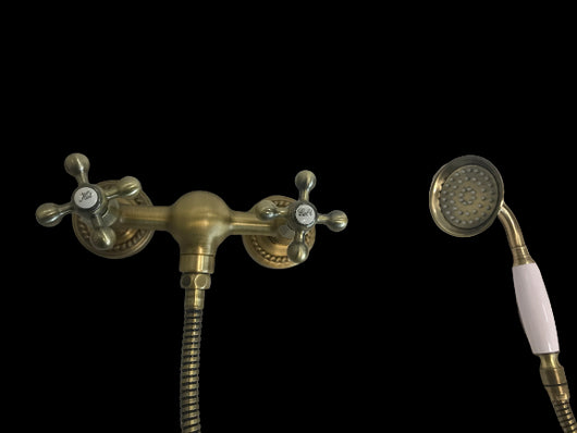 Rubinetto doccia bronzato, vecchio ottone maniglie a stella rosoni decorati