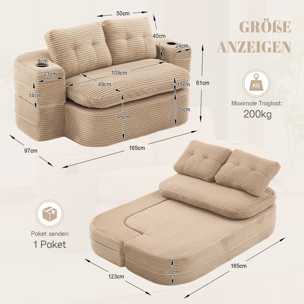 Poltrona letto 2 in 1 con seduta extra profonda schienale alto e doppio portabicchieri in velluto a coste kaki