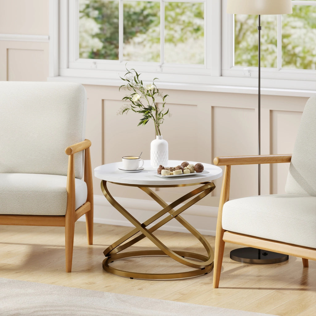 Tavolino da caff¨¨ rotondo in metallo con piano effetto marmo ¨C zephmum ¨C Dor¨¦, ?60x46 cm