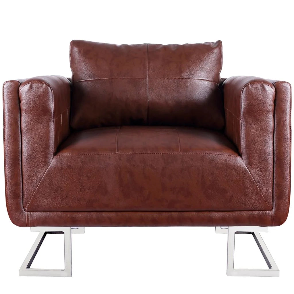 Poltrona sedia design lounge sedile club divano cubo da soggiorno con gambe cromate in pelle sintetica marrone 1102041/3