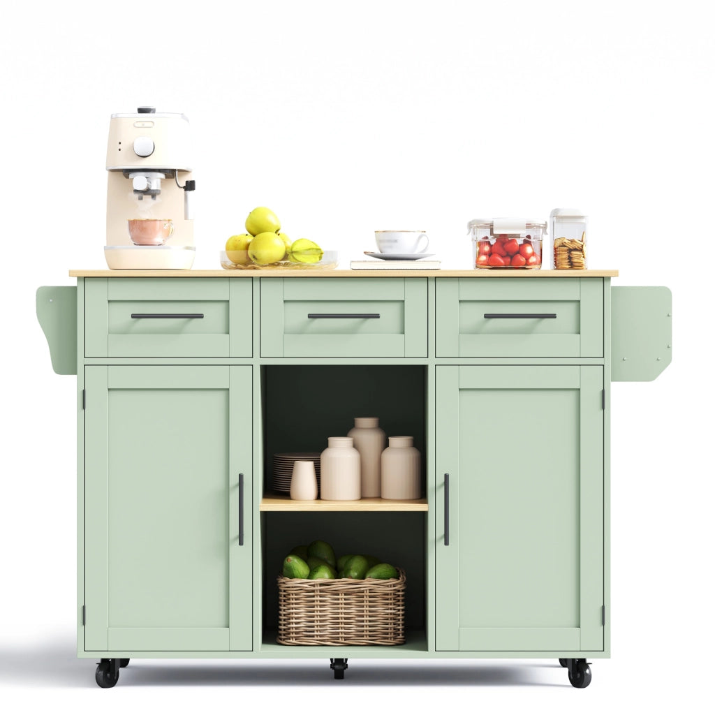 Carrello cucina con piano ribaltabile, contenitore interno e ruote, colore verde antico, 139x46(71)x91,5 cm