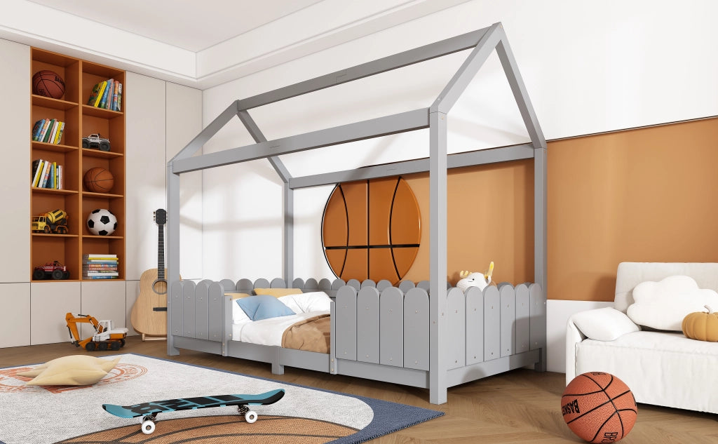DESMIU Letto a casetta letto singolo 1 posto con barriera di sicurezza, 90 × 200 cm, senza materasso, grigio