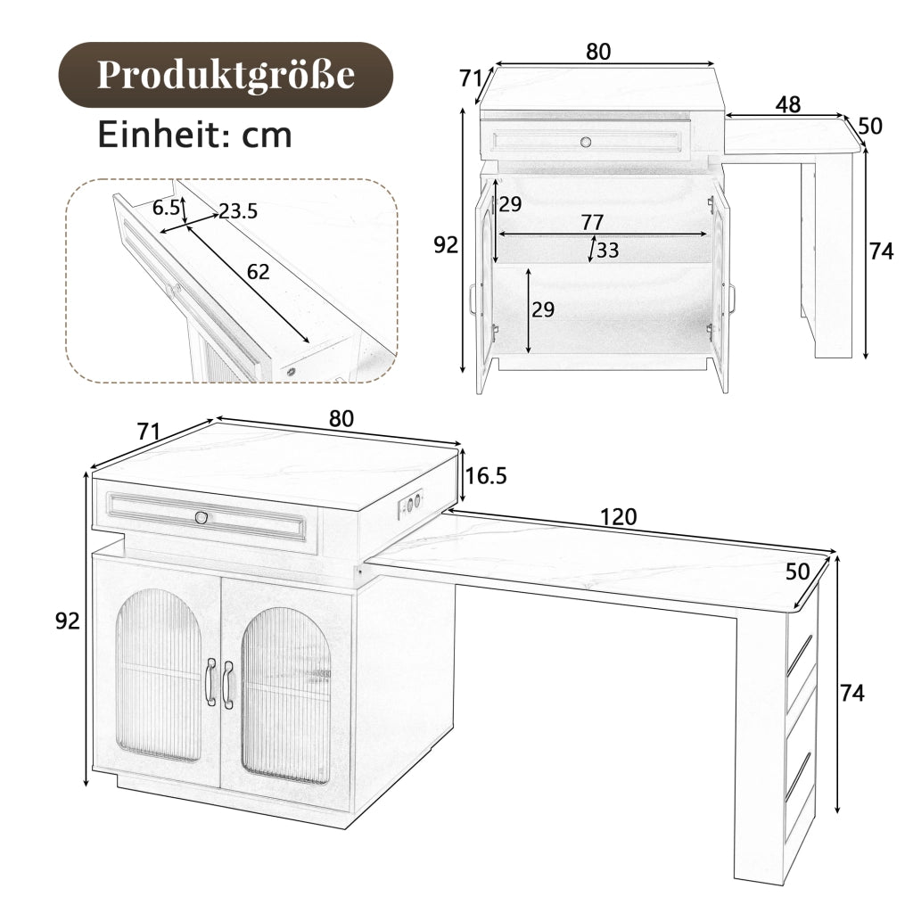 Tavolo da pranzo - isola cucina su ruote - estraibile con LED - bar con prese - nero - anta e sideboard