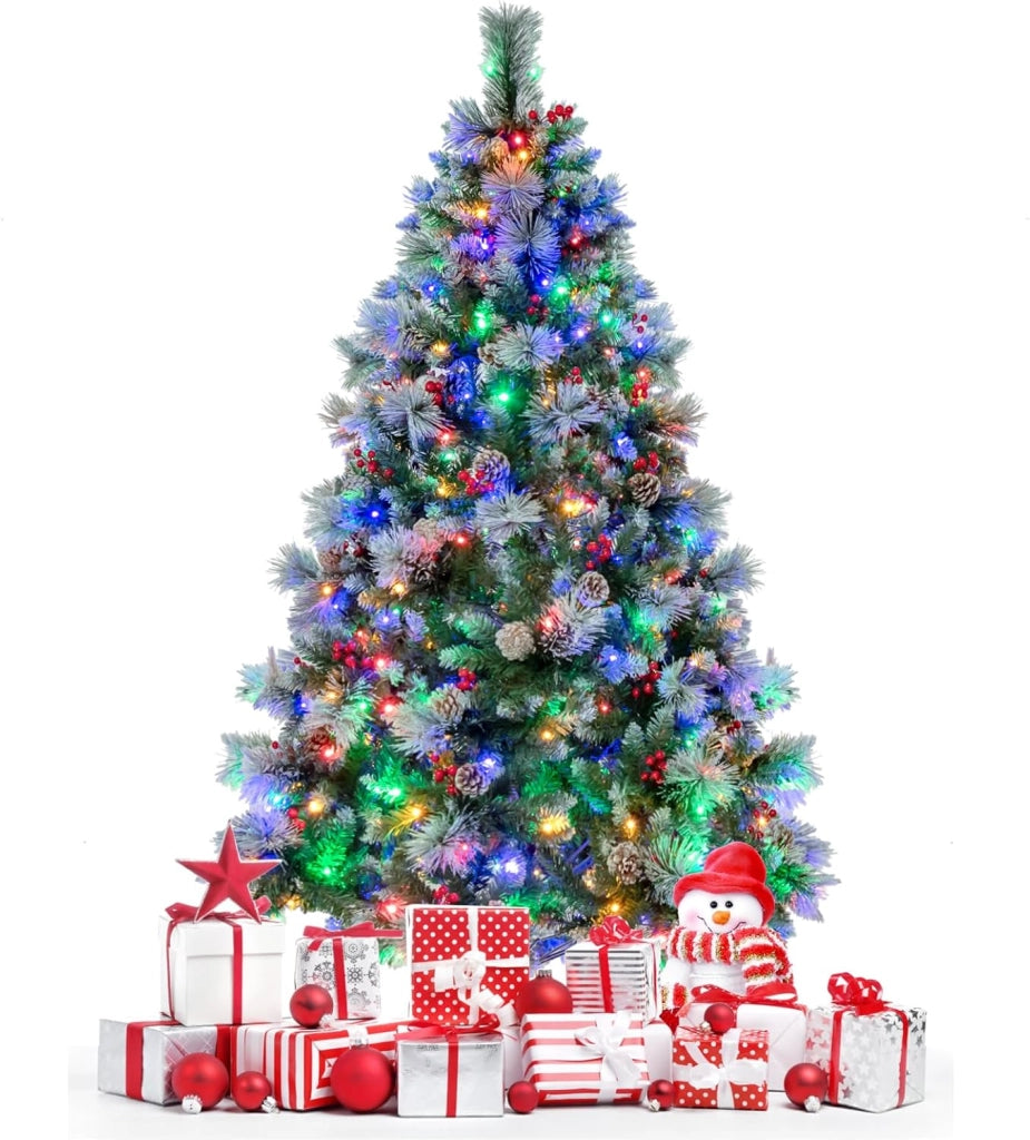 Albero di Natale Innevato 185/215 cm Pre-Illuminato e Incernierato, con 747/1116 Punte, 350/400 Luci LED, 55/70 Pigne, 55/70 Bacche Rosse e 11 Modalità di Illuminazione (185 cm)