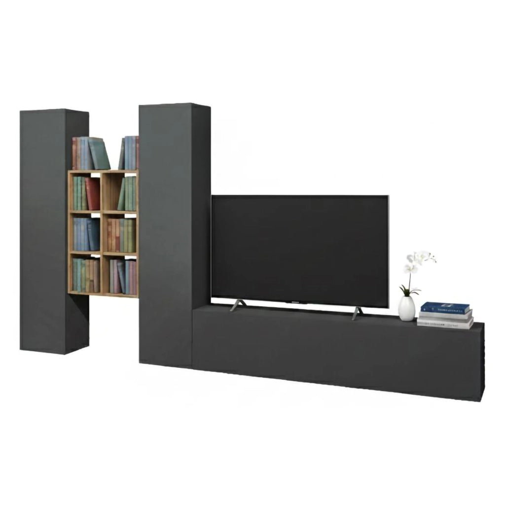 Parete attrezzata Acuto, Set salotto porta TV a 3 ante, Mobile soggiorno multiuso, 100% Made in Italy, cm 320x30h180, Antracite e Acero