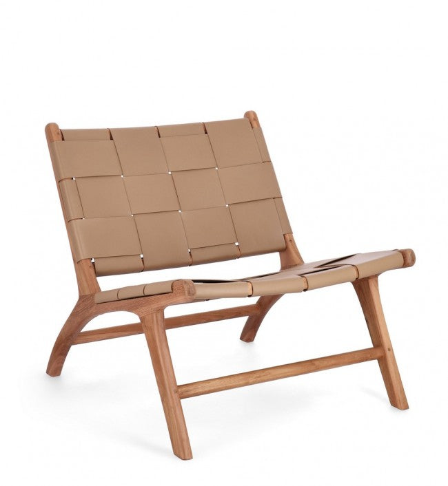 Poltrona Lounge Teak e Pelle Tortora Moderna da Interno - PENELOPE Colore: Tortora