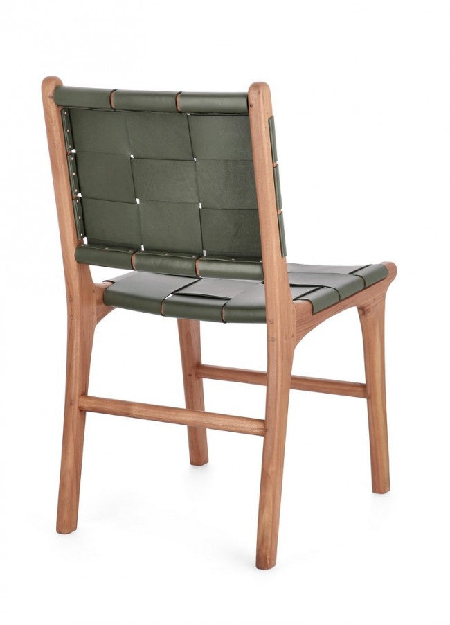 Set 2 Sedie Teak e Pelle Verde Moderno da Interno - PENELOPE Colore: Verde