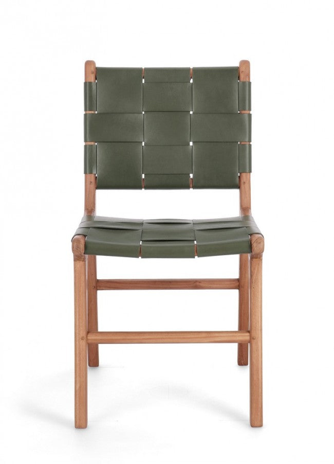 Set 2 Sedie Teak e Pelle Verde Moderno da Interno - PENELOPE Colore: Verde