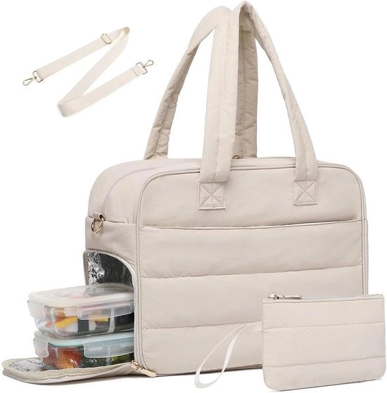 Borsa da pranzo per donna, 43 cm, con contenitore isolante per pranzo, contenitore per monete e borsa da pranzo, grande borsa da viaggio gonfiabile, beige.