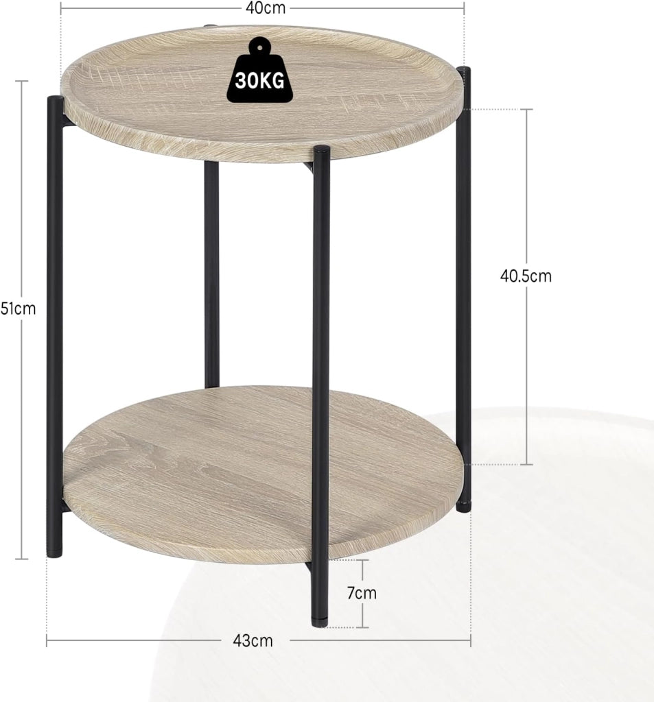 WOLTU Tavolino da Salotto Rotondo, Tavolino da caffè con 2 Ripiani, Piano d’Appoggio Rimovibile, Comodino per Camera da Letto, Tavolinoda Divano, in Metallo e MDF, Rovere Chiaro e Nero, BTS06hei