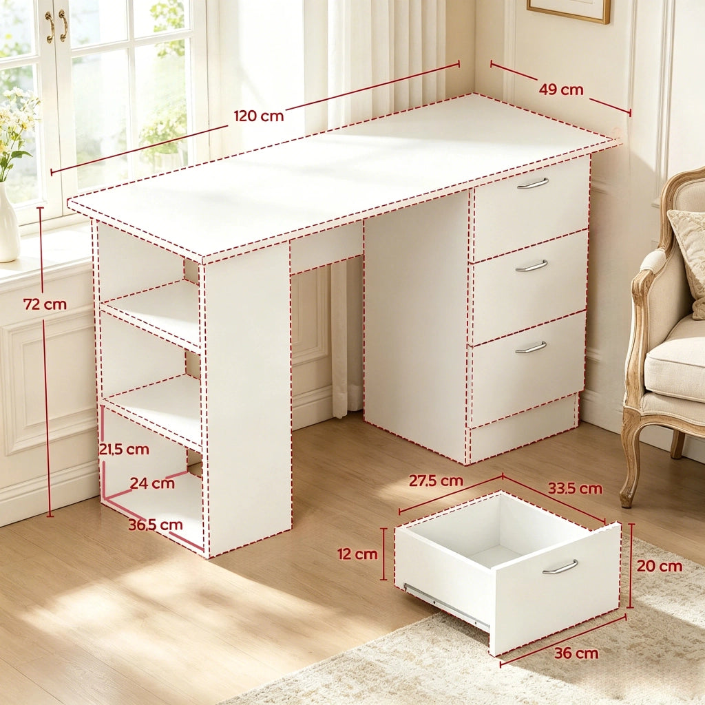 SCRIVANIA da computer 120 cm MDF bianco con 3 cassetti e 3 ripiani