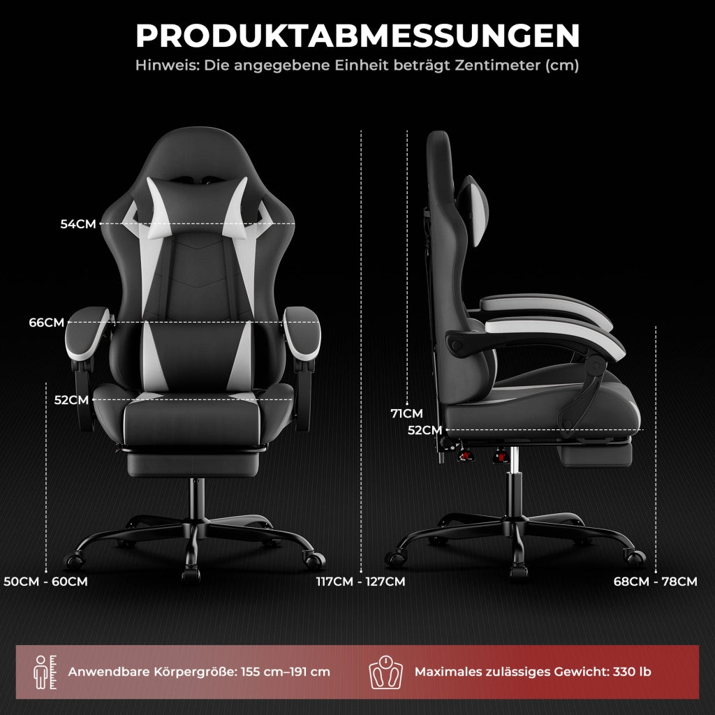 Sedia da ufficio gaming ergonomica con poggiatesta supporto lombare braccioli sincronizzati in PVC nero bianco