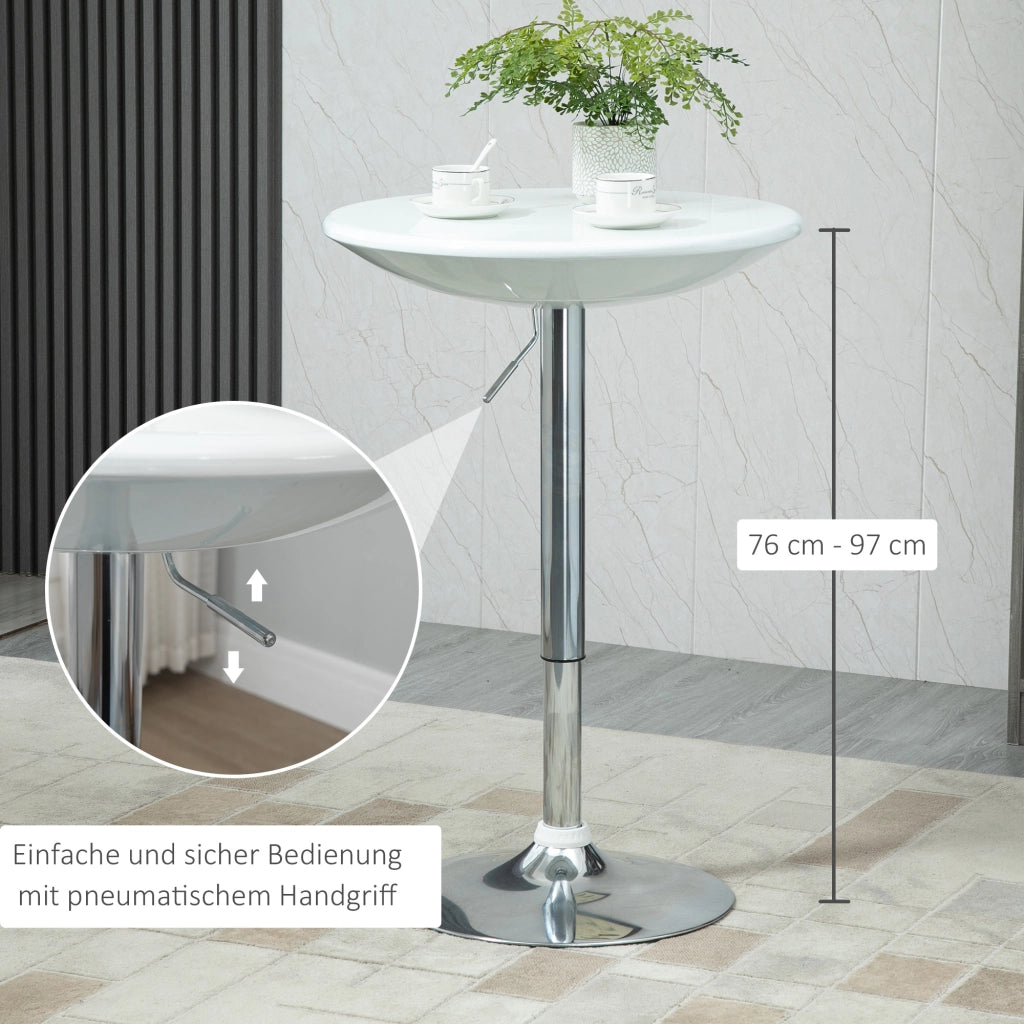 Tavolo bar regolabile in altezza Ø61 x 76-97 cm, piano girevole a 360°, struttura in metallo, bianco