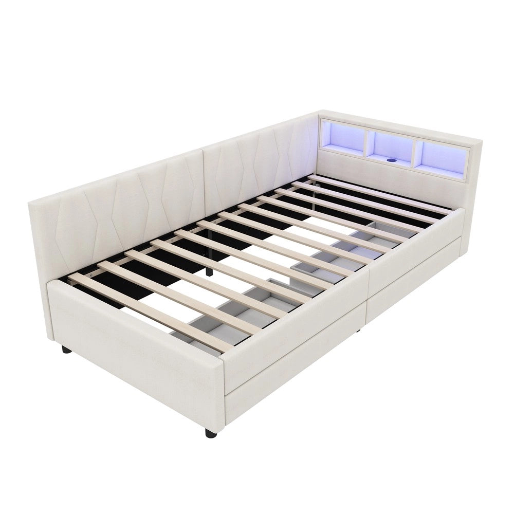 Divano Letto con Cassetti e LED ¨C MINIMAL ¨C Lino Beige 90x200