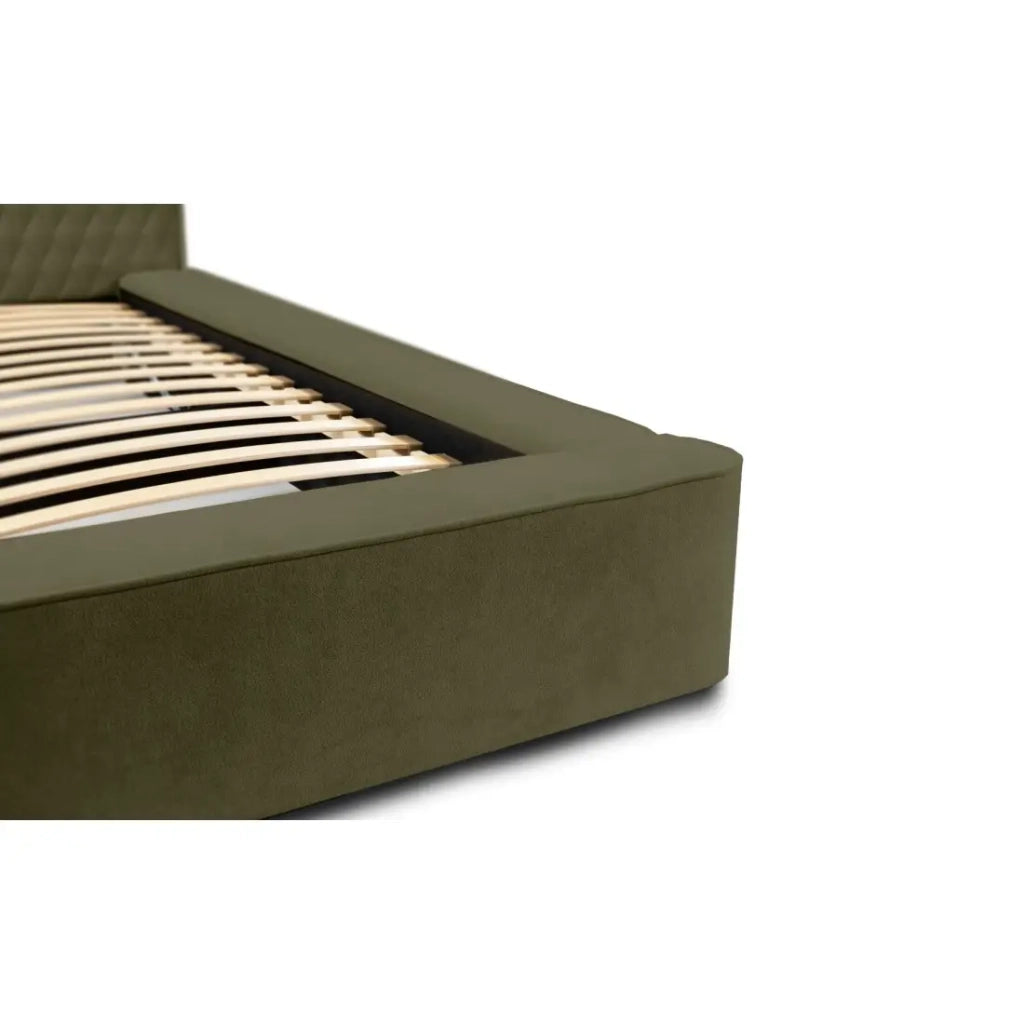 Letto contenitore VERNON – Tessuto bouclé di ciniglia Foglia d'olivo – 160x200 cm – Rete sollevabile – Design di alta gamma