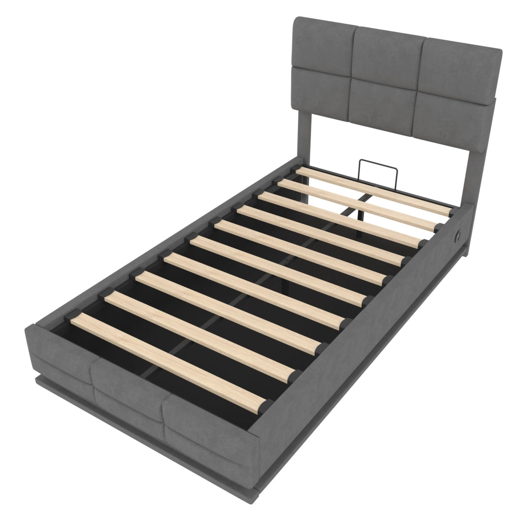 Letto singolo 90x200 cm in velluto grigio scuro con LED e vano contenitore