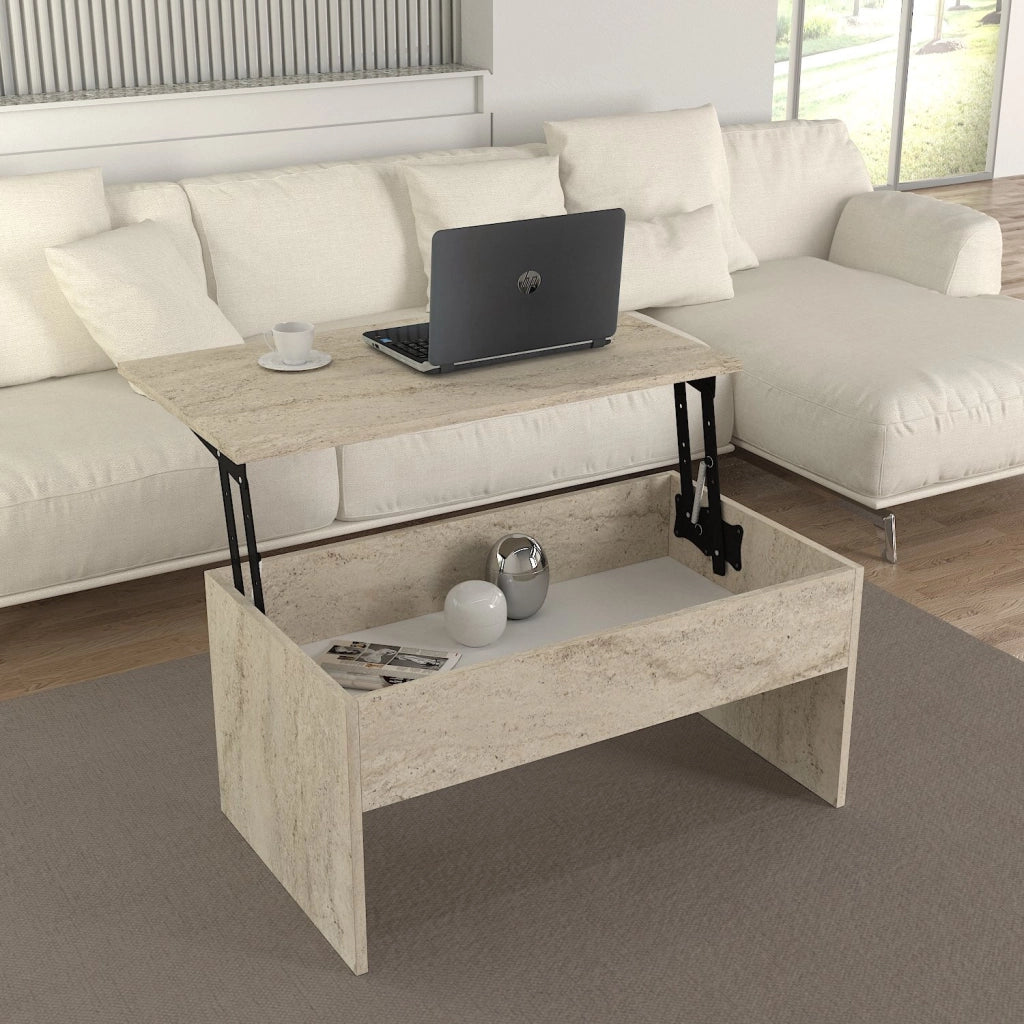 Tavolino "Akilli" con contenitore in legno - 90 x 45 x 52 cm - Travertino