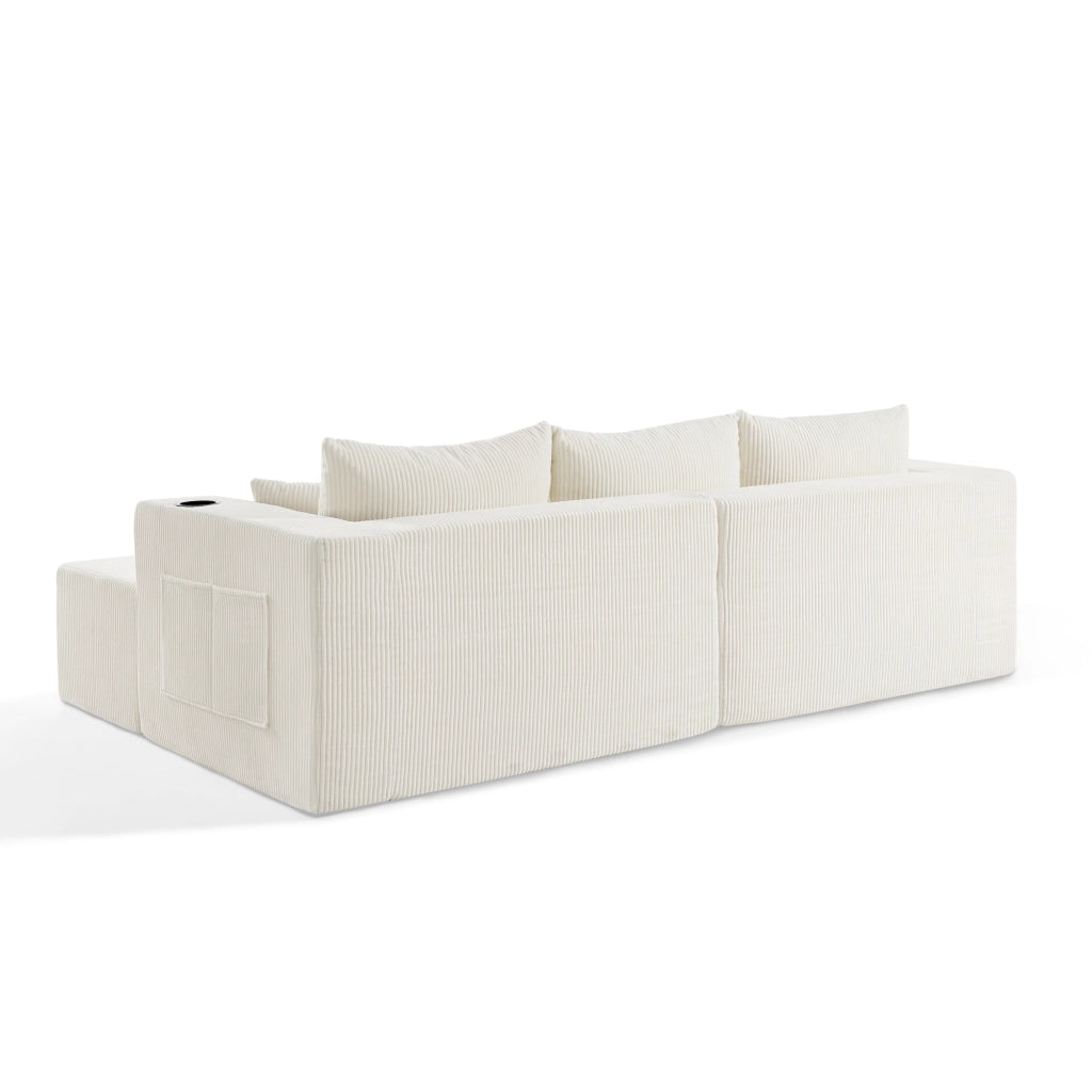Divano angolare modulare 3 posti con pouf mobili, portabicchieri e tasche laterali, in tessuto a coste beige