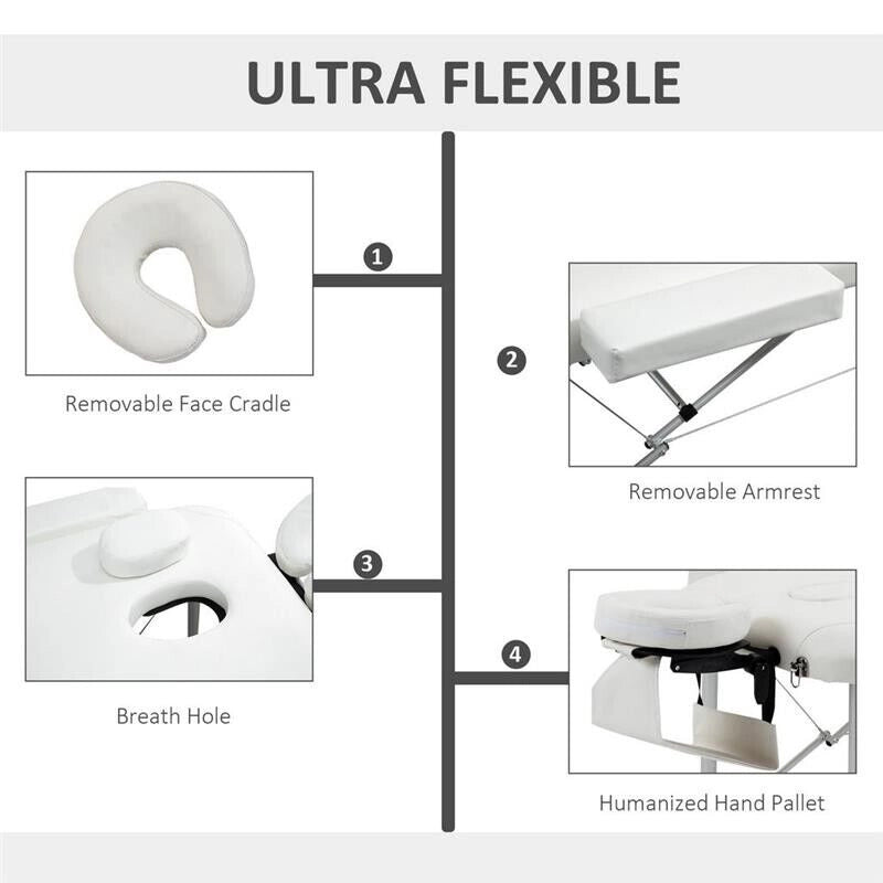LETTINO MASSAGGI PORTATILE PIEGHEVOLE E PROFESSIONALE IN ALLUMINIO BIANCO 215X60X61-84 CM RESISTENTE