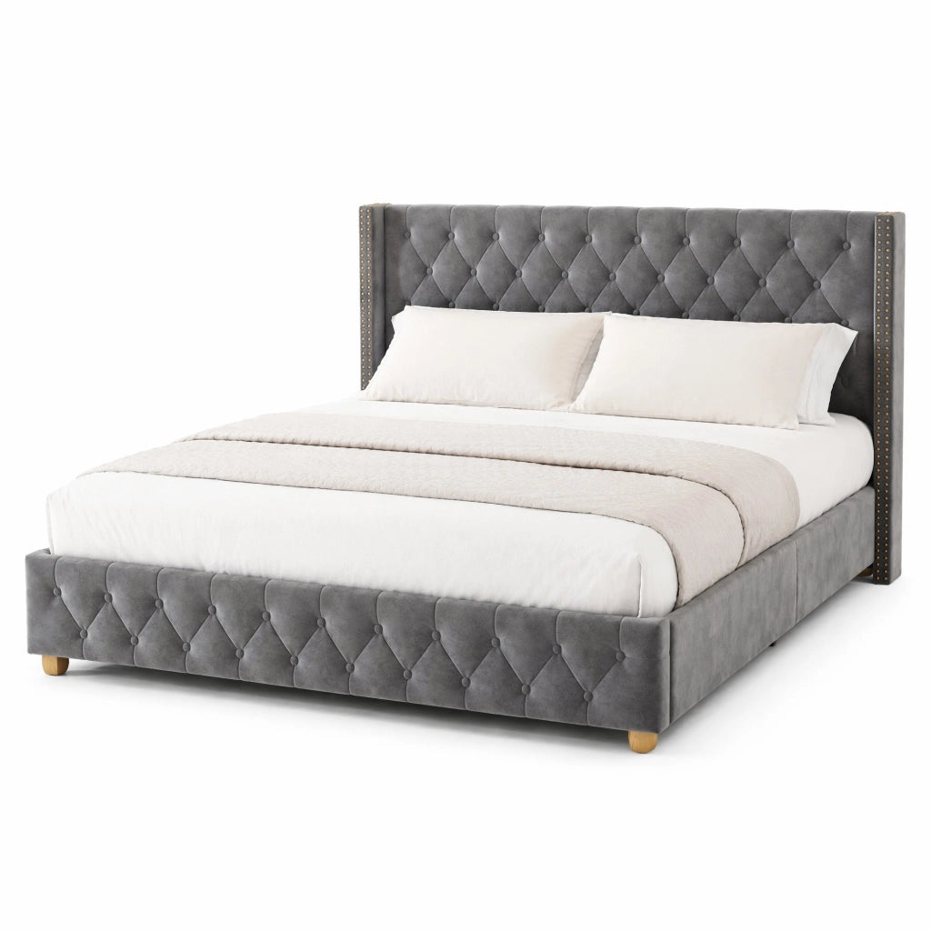 Letto imbottito 140x190 cm in velluto grigio con rete a doghe, testiera capitonné e gambe in legno