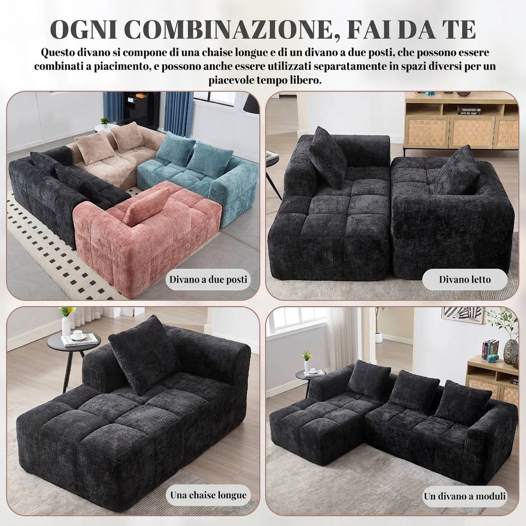 Divano componibile moderno a elle 3 posti in ciniglia con penisola; tasche laterali; senza montaggio; 250 cm; nero