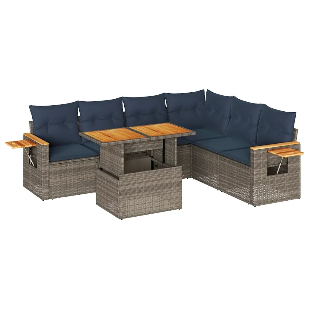 Set Divani da Giardino 7pz con Cuscini Grigio Polyrattan Acacia