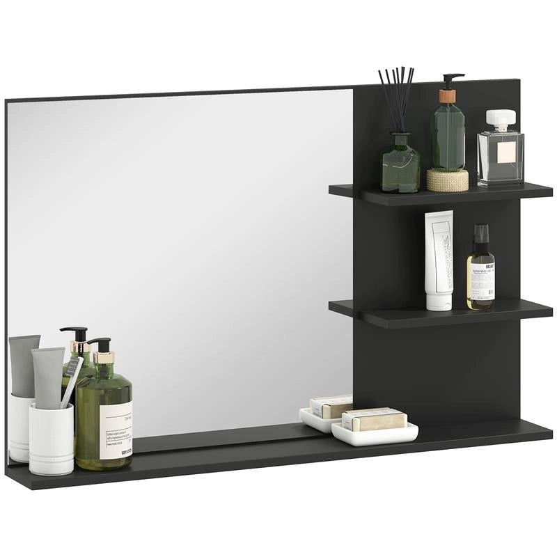 SPECCHIO BAGNO MODERNO CON 2 RIPIANI LATERALI E RIPIANO INFERIORE, IN LEGNO E VETRO, 75X10X48 CM, NERO