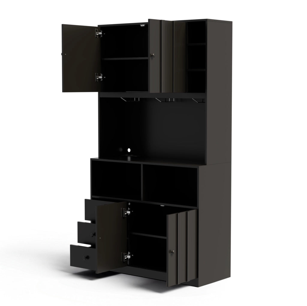 Credenza 100x40x180 cm con LED RGB; prese e portabicchieri in MDF nero