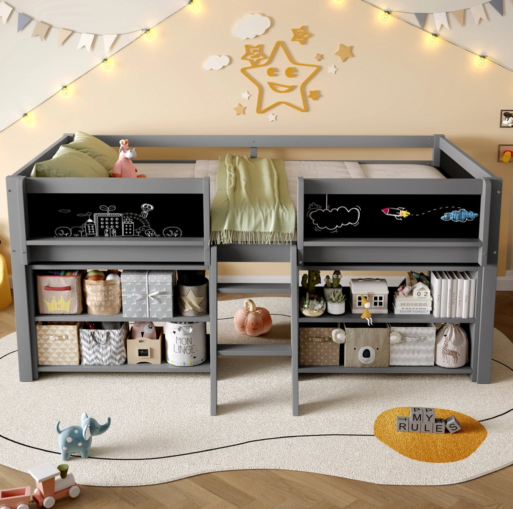 Letto semialto per bambini 90x200 cm con ripiani e lavagna grigio