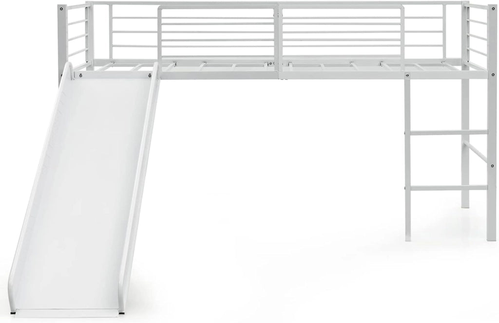 Letto a Soppalco per Bambini con Scivolo E Protezione Anticaduta e Scaletta, Struttura Letto in Metallo 96x198x109cm, Letto a Castello con Rete a Doghe, Fino a 150 kg (Bianco)