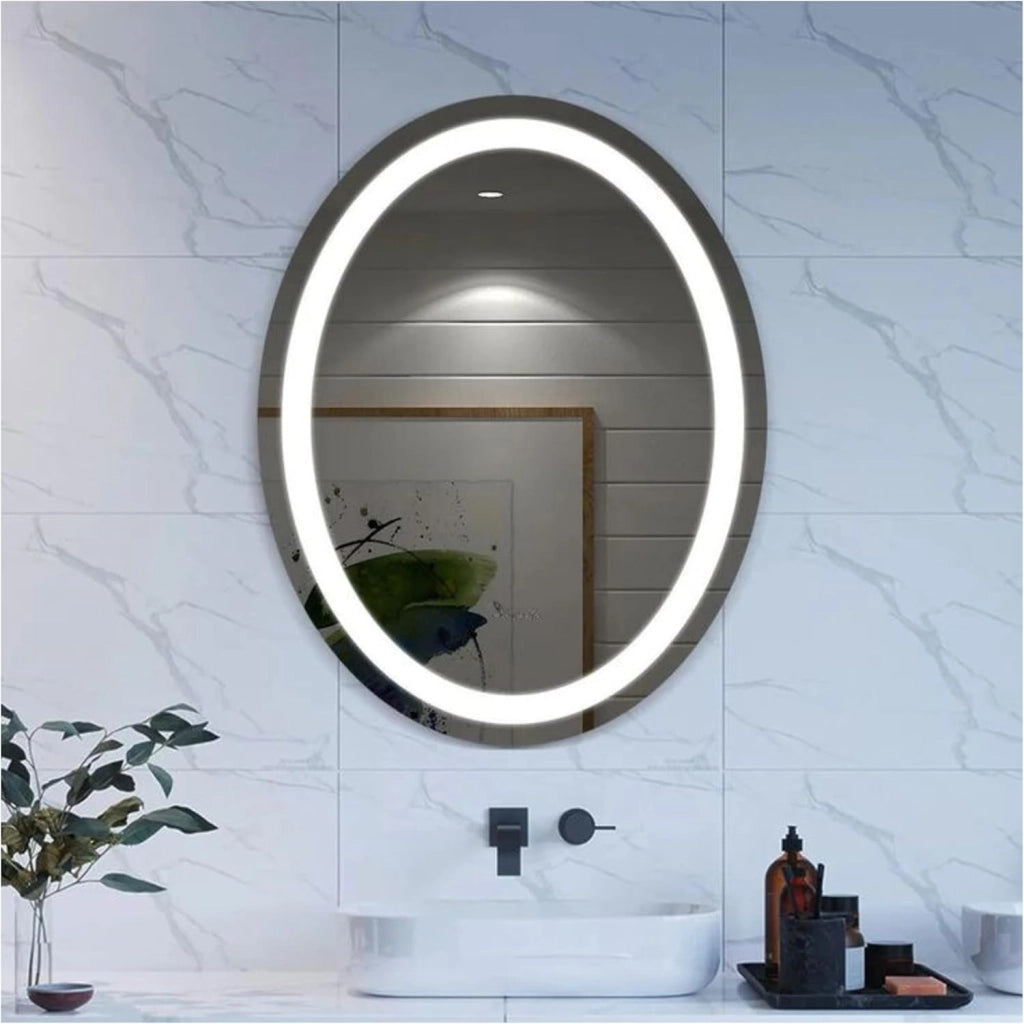 Specchio Bagno Led Ovale EGG 80x60 cm, Specchio Retroilluminato Bagno Striscia LED 4000K, Specchio da Parete LED Bordo Filo Lucido Moderno, Home Decor