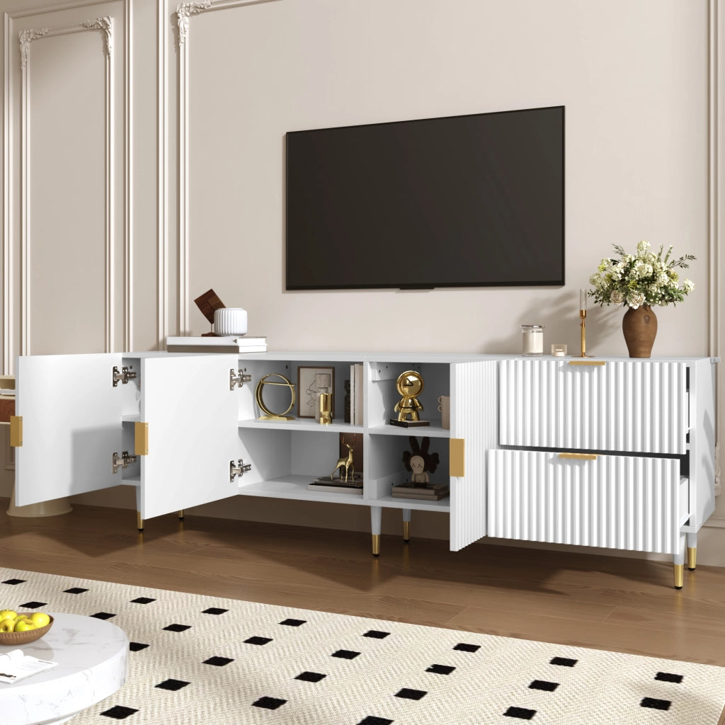 Mobile TV bianco a 3 ante con cassetti; ripiani e dettagli dorati 170 cm