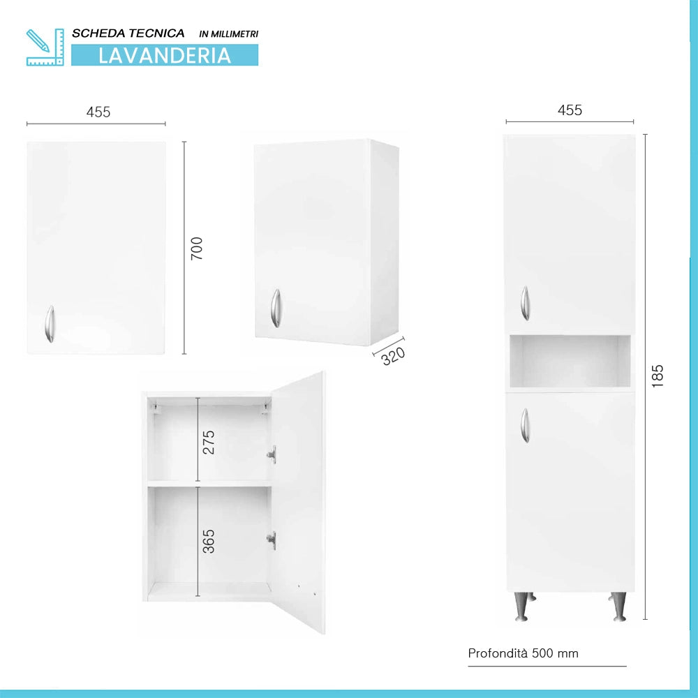 Set lavanderia con lavatoio colonna e pensile in legno bianco Fedra