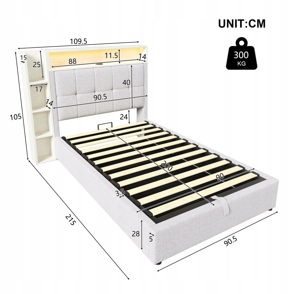 Letto imbottito 90x200 - Xylo - Beige, LED, USB-C, struttura sollevabile