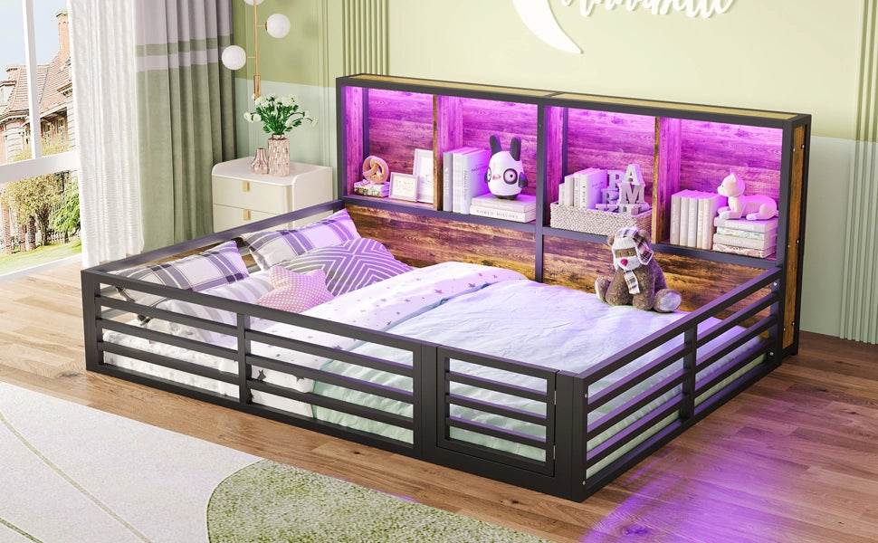 DESMIU Letto bambino 140 × 200 cm con vani laterali, LED e sponda, senza materasso, in MDF e metallo, nero