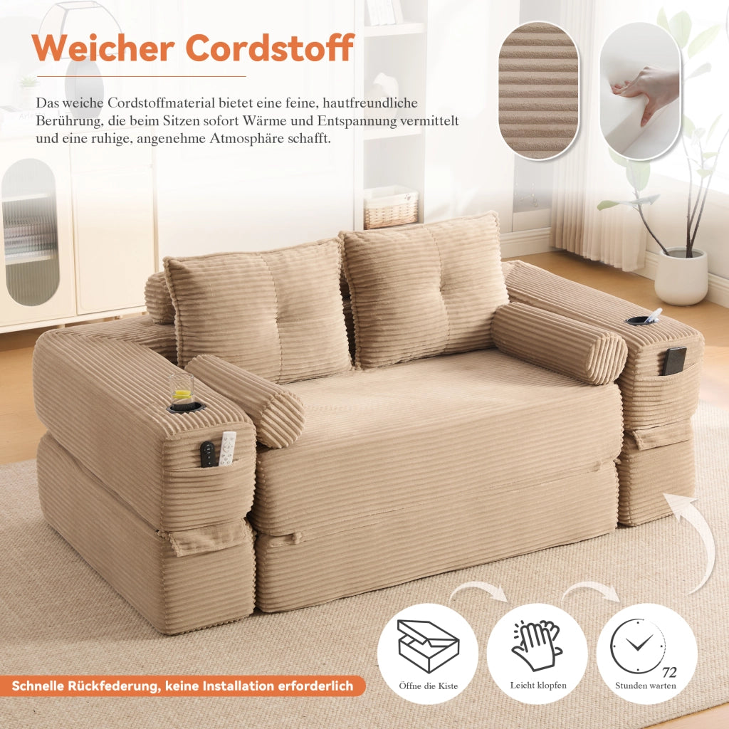 Divano letto modulare in tessuto corduroy con cuscini memory, tasche laterali e portabicchieri, khaki