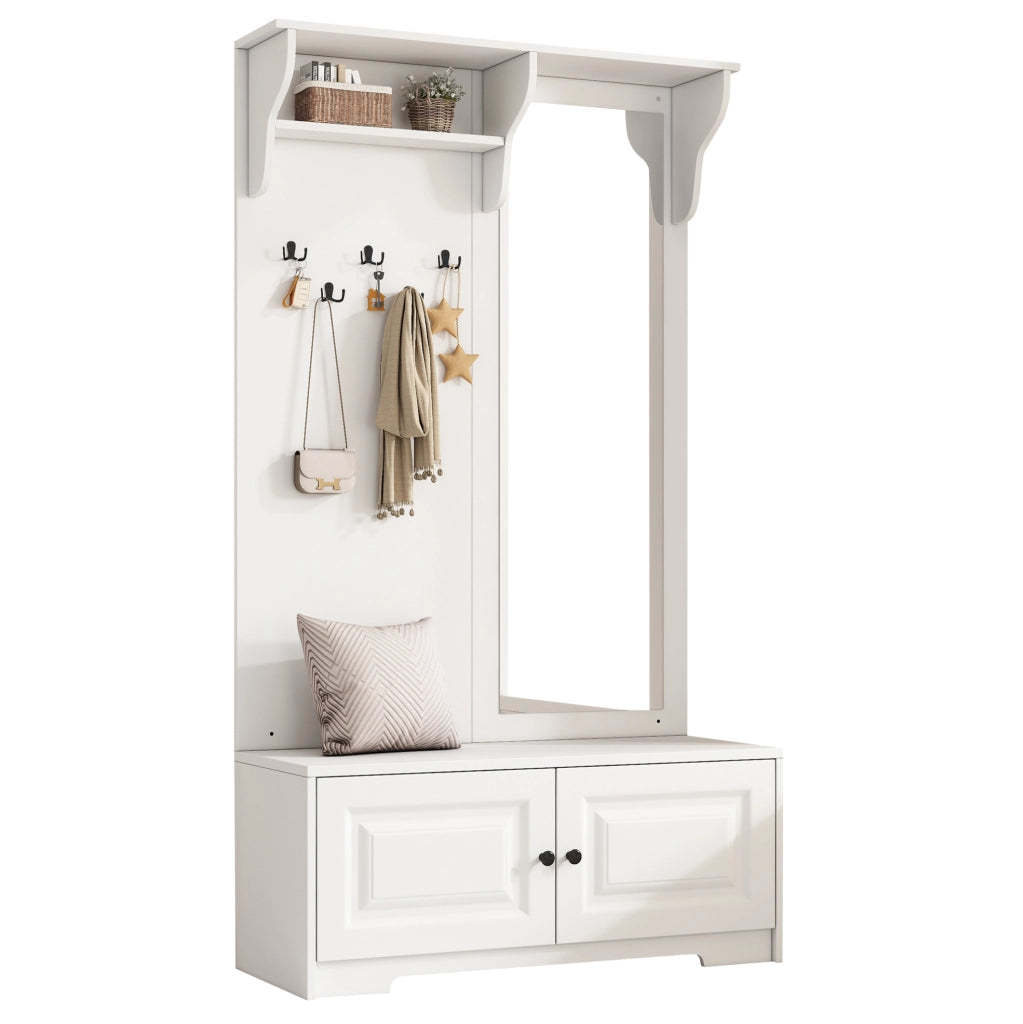 Mobile ingresso multifunzione 100 x 40 x 180 cm con specchio; 5 ganci; 2 vani; bianco